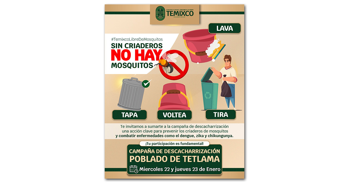 Anuncia H. Ayuntamiento campaña de descacharrización en Tetlama para prevenir dengue, zika y chikungunya