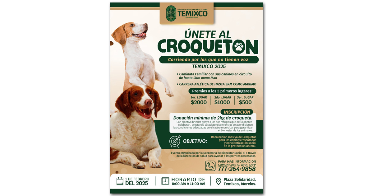 Convoca H. Ayuntamiento al "Croquetón 2025" para apoyar a refugios y fomentar la protección animal en Temixco