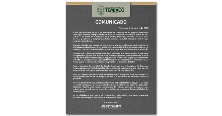 H. Ayuntamiento de Temixco condena enérgicamente actos de violencia; exige investigación exhaustiva a la Fiscalía del Estado